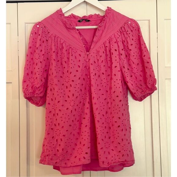 Pretty Garden pink cotton eyelet puff sleeve blouse large - Picture 9 of 11